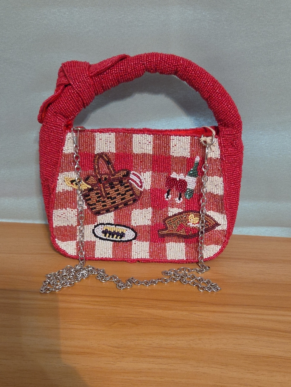 SOL & MER Hand-Beaded Red Mini Shoulder Bag with Picnic Motif